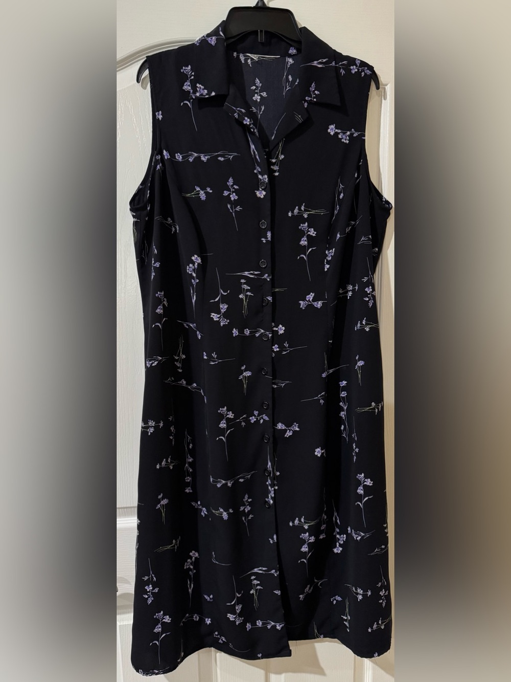 Black Sleeveless Collared Shirt Dress with Lavender Floral Print Botanical XXL